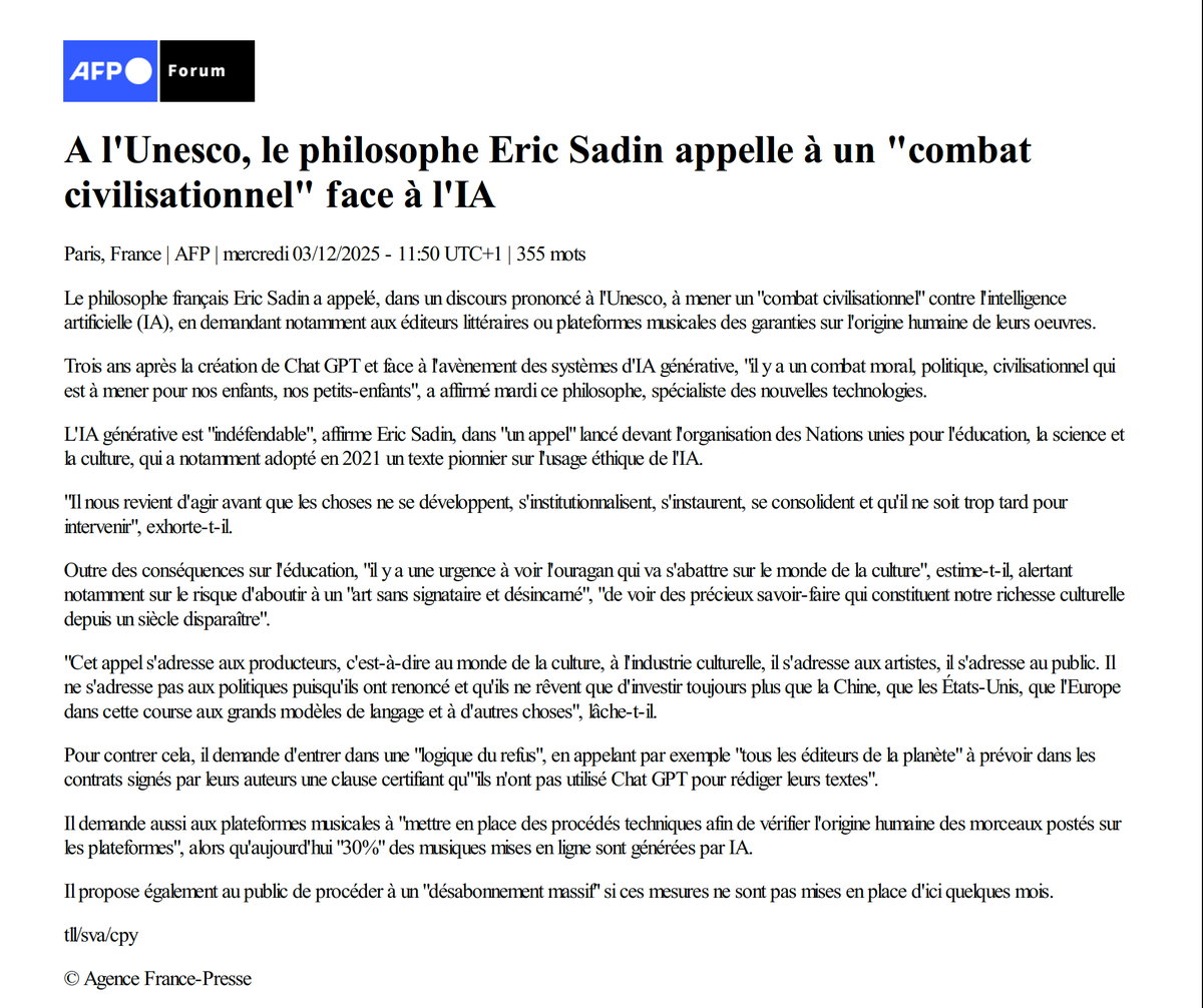 Eric_Sadin's tweet photo. Mon "Appel de Paris pour la sauvegarde des œuvres de l'esprit, des arts et de la culture", lancé à l'@UNESCO a été relayé par l'@afpfr
(Et l'on en parle déjà en Roumanie...).
La force des idées, des principes et de la volonté de ne jamais renoncer à ce qui nous est le plus cher. https://t.co/JrNDpMICJV