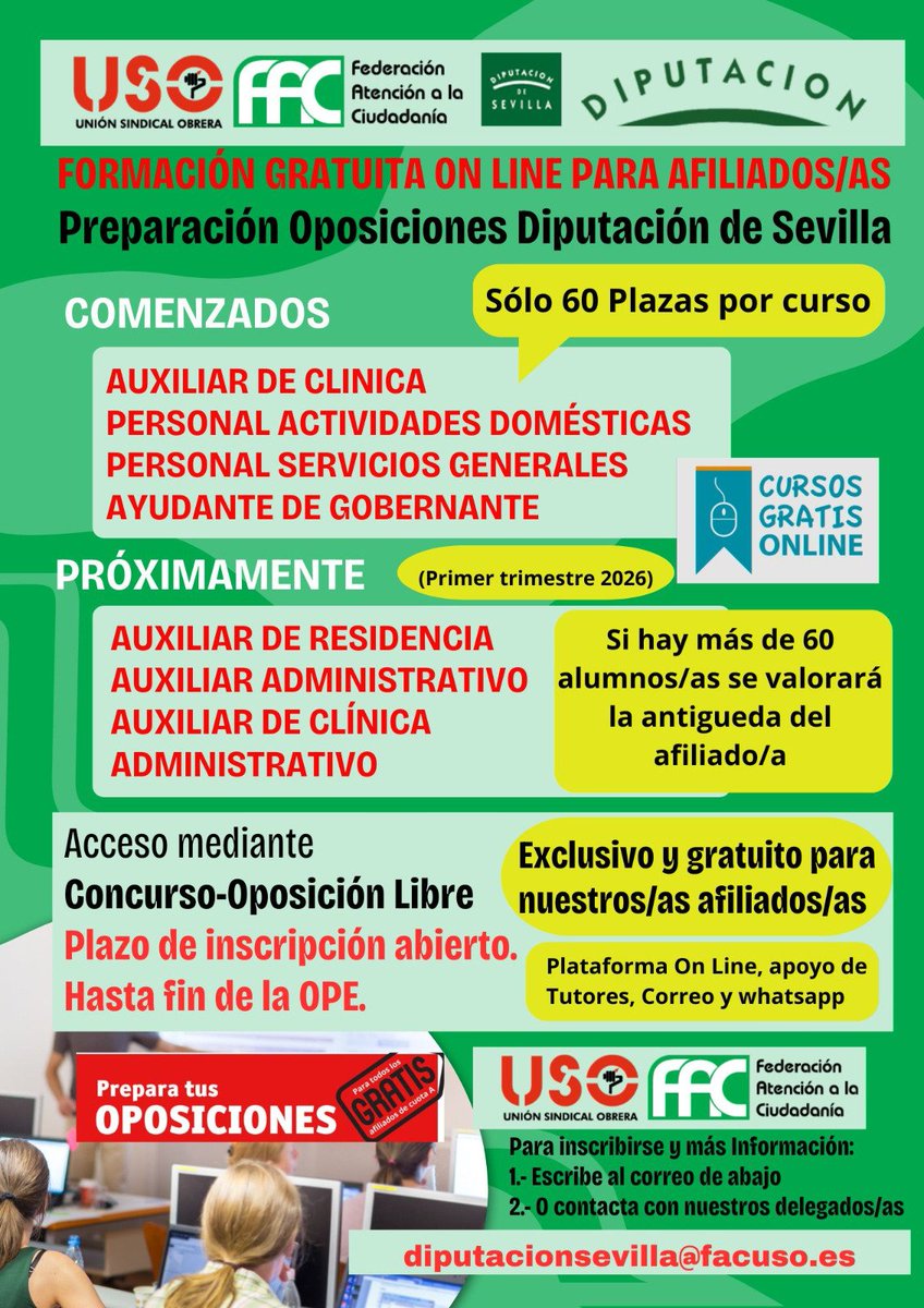 USOdipusevilla's tweet photo. FORMACIÓN ON LINE GRATUITA A PARA AFILIADOS/AS👇
USO DIPUTACIÓN DE SEVILLA. 

📘 Temarios y esquemas actualizados  para Administrativo, Auxiliar Administrativo, Auxiliar de Clínica,  Auxiliar de Residencia,  Personal Actividades Domésticas y Servicios Generales.  
#usodipusevilla https://t.co/s1Qdkjh1Rm