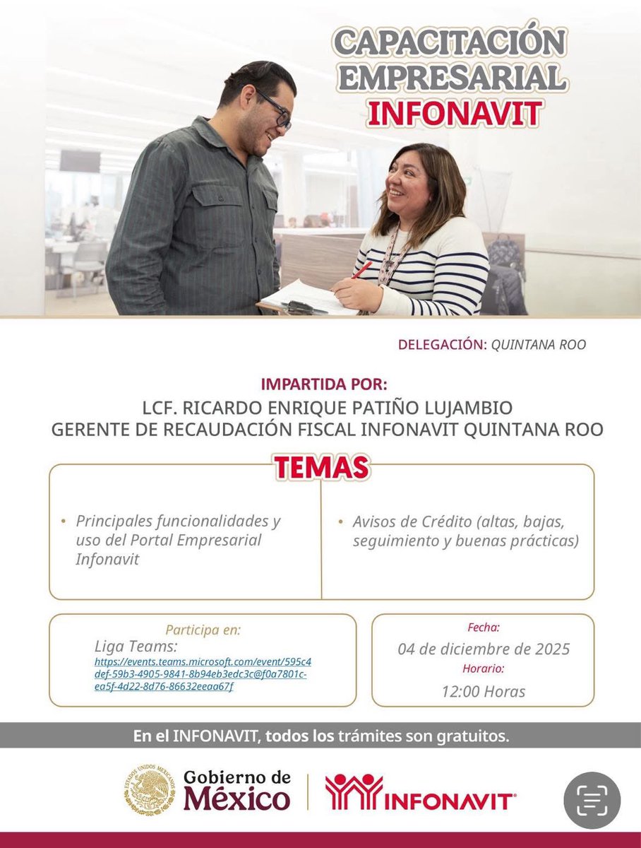 Participa en la sesión virtual:  “PORTAL EMPRESARIAL y AVISOS DE CRÉDITOS  INFONAVIT” que se llevará a cabo el próx Jueves 4 de diciembre a las 12 hrs.

Liga de registro y acceso al curso: 

👉 events.teams.microsoft.com/event/595c4def…