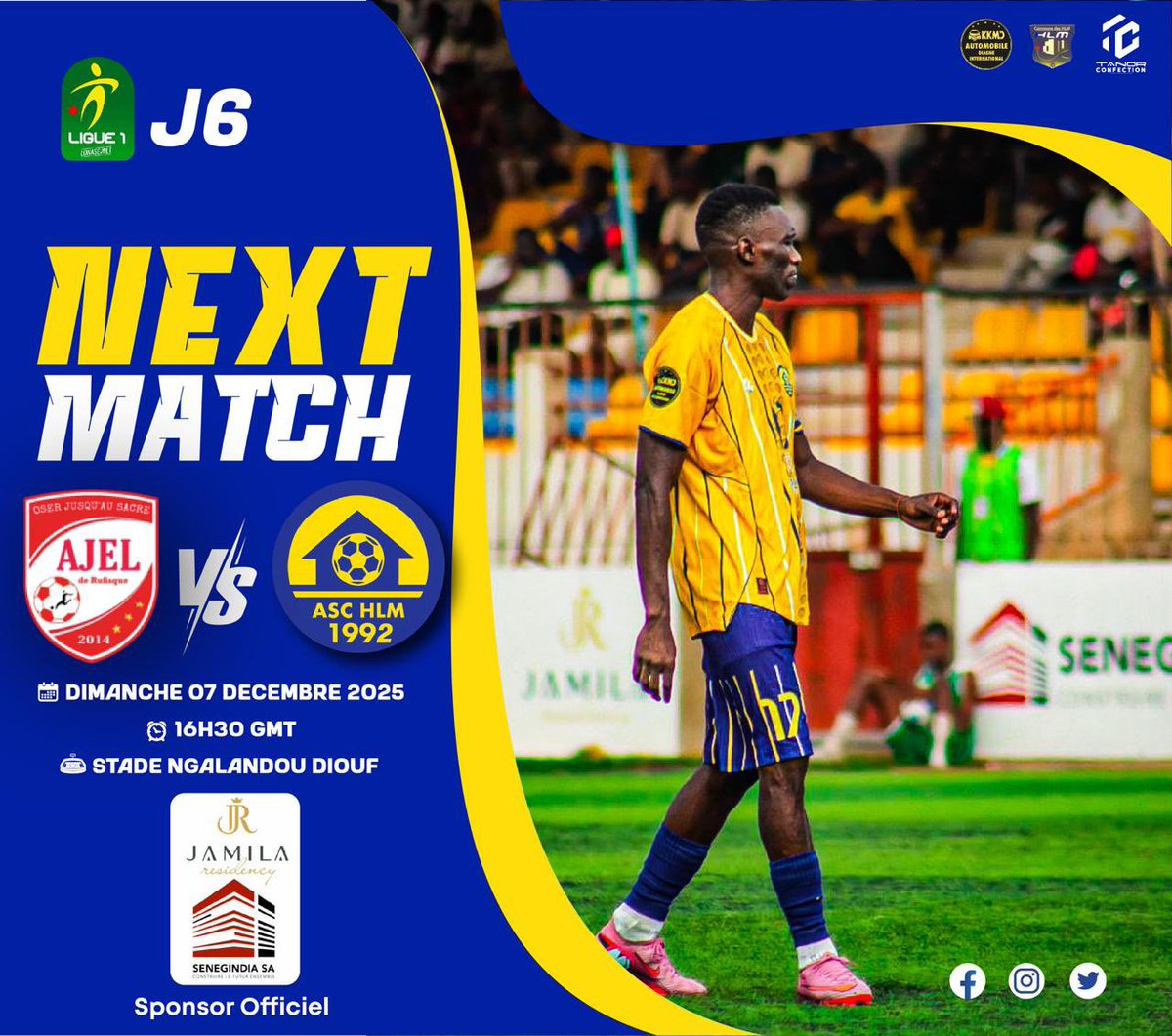 NEXT MATCH 💙🤍💛

6éme Journée de ligue 1 

AJEL vs ASC HLM 

🏟️ Stade Ngalandou Diouf
⌚️Coup d'envoi : 16h 30 mn GMT
📅Dimanche 7 Décembre 2025
#aschlm  
#JamilaResidency by #SenegindiaSA
#kkmdautomobile
#hlmdeukkla  
#football #sport #lsfp #ligue1sn#lonasebet
Tous au 🏟️
