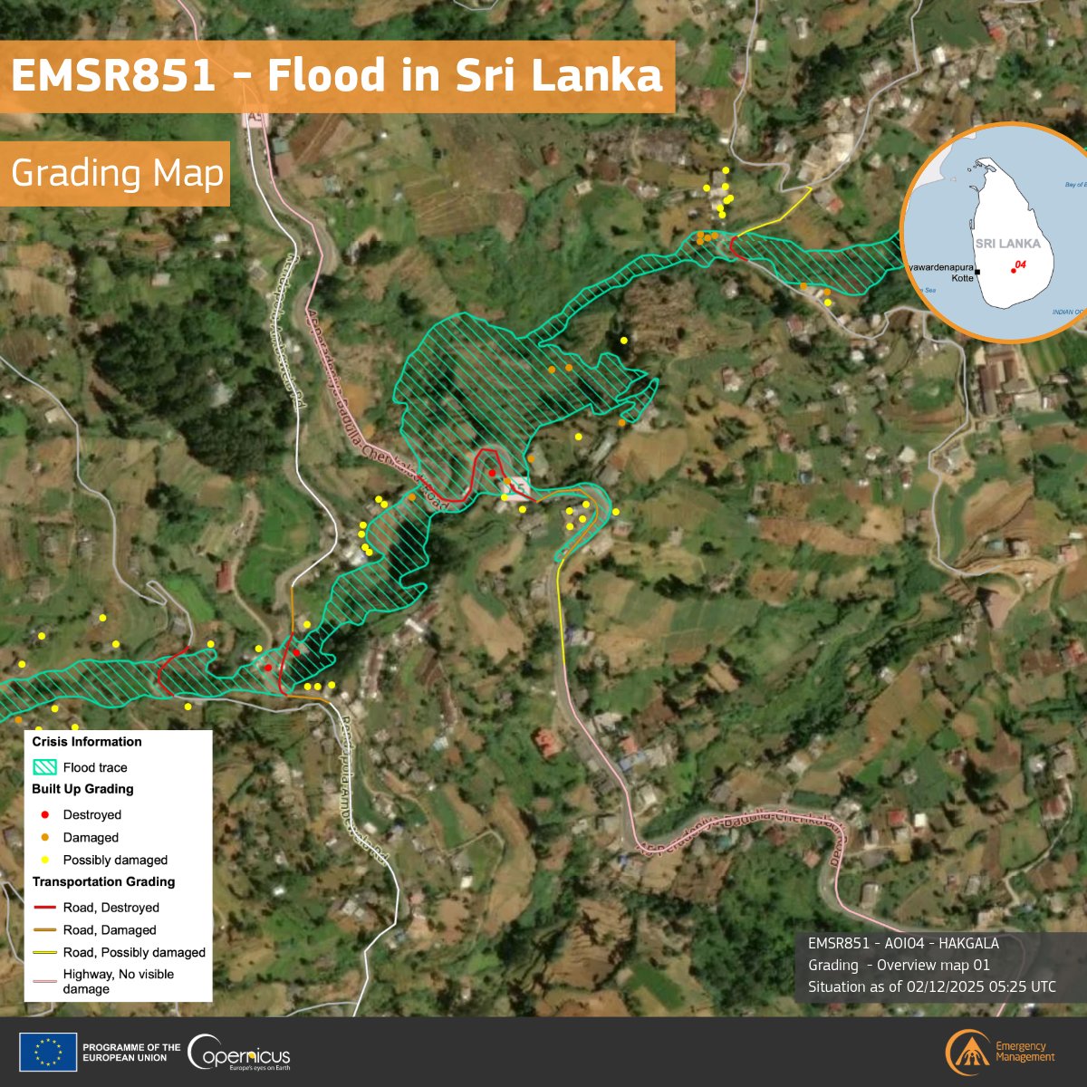 CopernicusEMS's tweet photo. ๐#EMSR851 โ Floods in Sri Lanka๐ฑ๐ฐ
Our #MappingTeam released a new grading product for Hakgala, where flood traces and damage to buildings and transport have been detected.
๐ธ 59 affected buildings
๐ธ 6.5 ha flooded
๐ธ ~100 people potentially impacted
๐https://t.co/7POgaGT089 https://t.co/MC8LTdUSbi