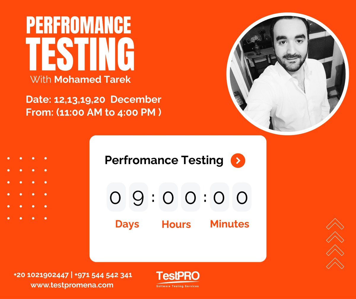 testproeg's tweet image. 🎯 Performance Testing Training with Mohamed Tarek
The countdown has officially begun! ⏳

 Course starts in: 9 days
 Dates: 12, 13, 19, 20 December
Time: 11:00 AM – 4:00 PM

testproeg.com/register-now/

testpromena.com/software.../pe…

#PerformanceTesting #SoftwareTesting #TestPRO