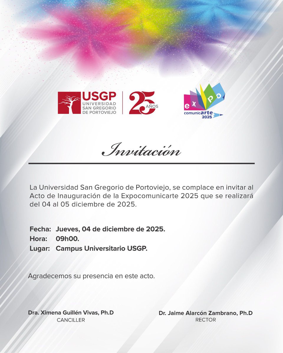 ¡Se viene la #ExpocomunicARTE2025! ✨🎨🩵

La creatividad, el talento y la comunicación se toman el Campus #USGP este 4 y 5 de diciembre 🗓️🔥.

No te pierdas el Acto de Inauguración este jueves 4 a las 09h00 en el marco del los 25 años, tú eres parte de esta historia.

📍Lugar: