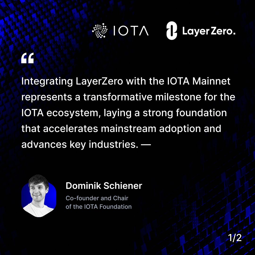 iota's tweet image. "By enabling seamless digital asset flows and real-world asset tokenization, @LayerZero_Core positions IOTA as a critical backbone for facilitating global trade and revolutionizing supply chain finance worldwide." @DomSchiener, Co-founder and Chair of the IOTA Foundation