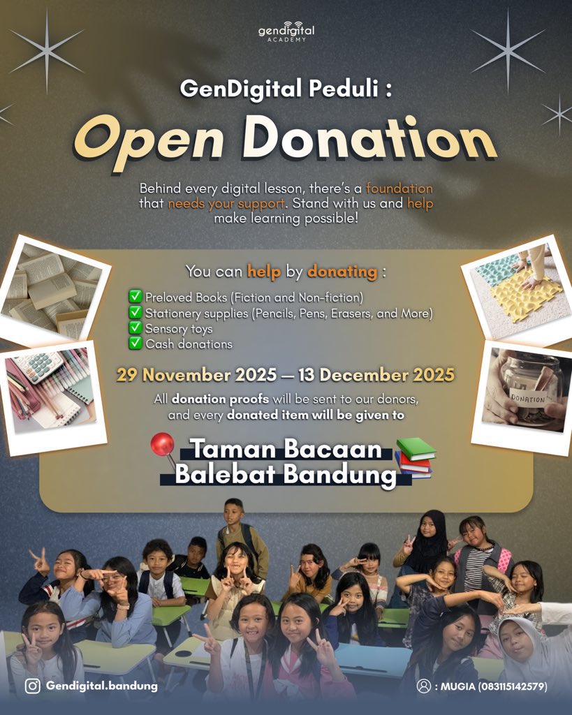 basebuku's tweet photo. [ad.]✨GenDigital Peduli : OPEN DONATION✨

Yuk bantu Taman Bacaan Balebat Bandung! Dengan Donasi : 

📖 Buku preloved
✏️ Alat tulis
🧸 Mainan sensorik
💵 Uang

Lokasi pengiriman : 
📍Jakarta &amp; Bandung (detail di poster).

CP Mugi : +6283115142579 
#GenDigitalPeduli #OpenDonation https://t.co/W5yWnk5q8s