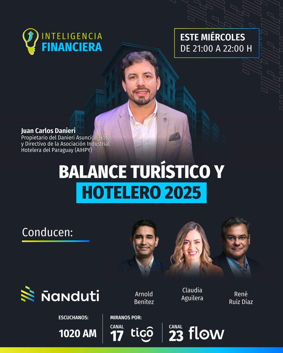 Hoy en #InteligenciaFinanciera 💡

⚡️Nos visitará el propietario del Danieri Asunción Hotel y directivo de la Asociación Industrial Hotelera del Paraguay, Juan Carlos Danieri.

➡️A partir de las 21:00 horas te acompañan #ClaudiaAguilera,  <a href="/arnoldbenitez_/">Arnold Benítez Riveros</a>  y  <a href="/reneruizdiaz/">René Ruíz Díaz</a> 

🧐¿Te