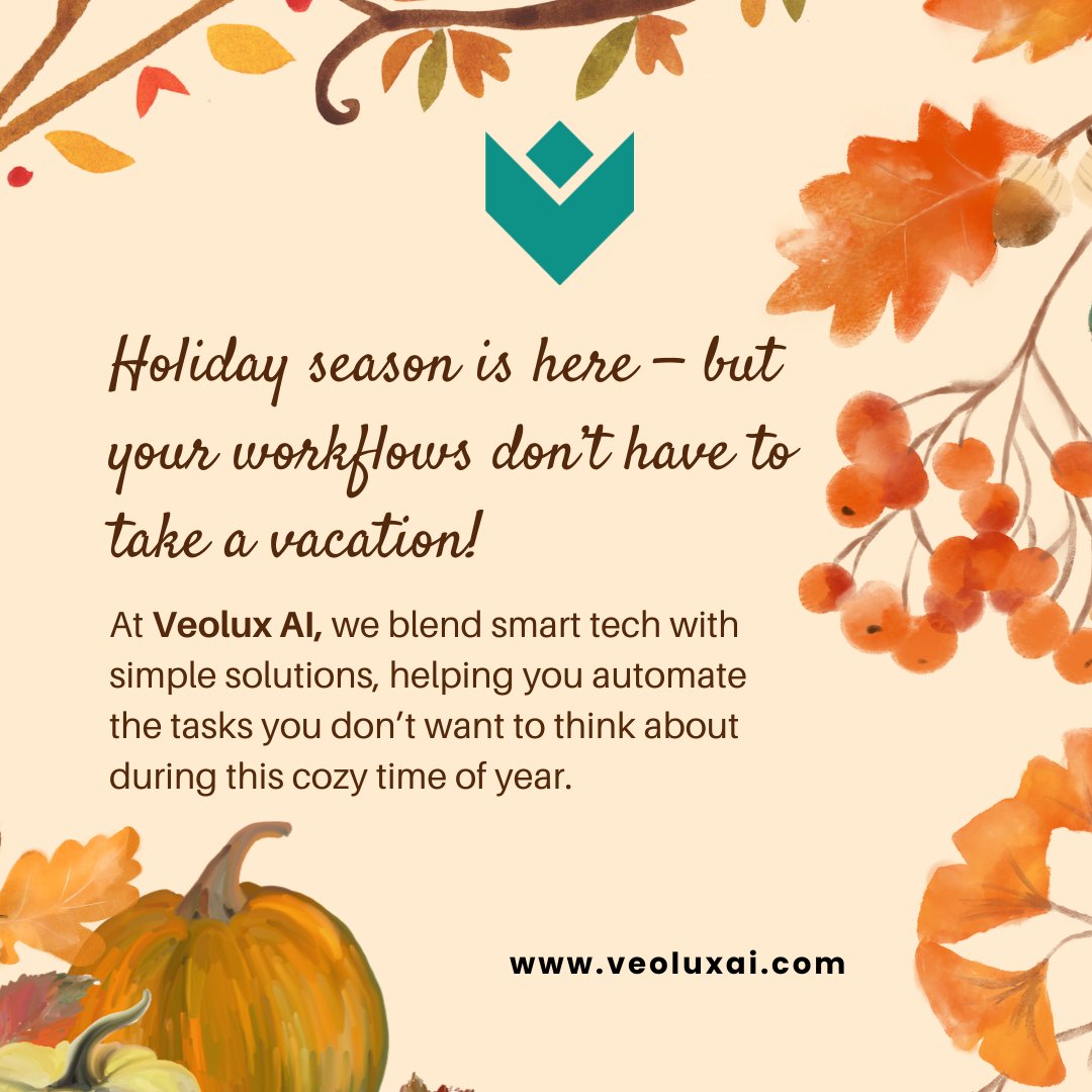 veoluxai's tweet image. 🎄✨ As the holiday season kicks in, many teams hit pause… but your workflows don’t have to.
Our AI tools will keep things running smoothly - so you can focus on the fun stuff. 🎁💻
veoluxai.com
#VeoluxAI #AIForBusiness #AutomationTools #HolidaySeason #TechInnovation