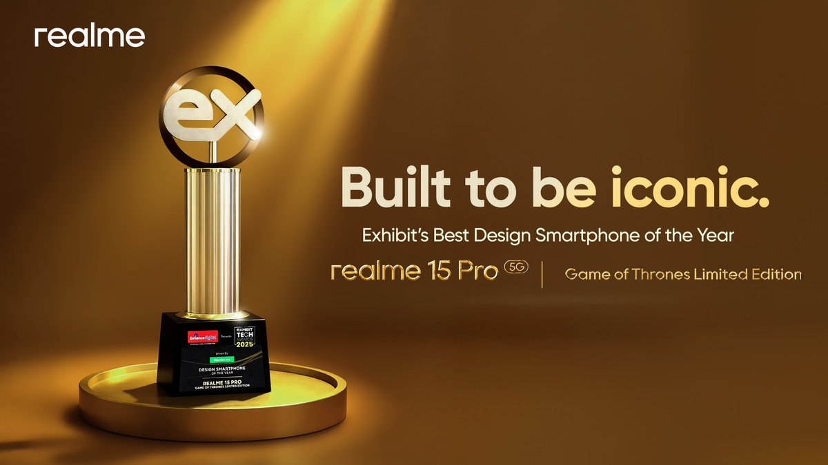 realmeIndia's tweet photo. A design the industry took note of. 

Bold in character and unmistakable in presence, the #realme15Pro Game of Thrones Limited Edition has been crowned Exhibit’s Best Design Smartphone of the Year 2025.

#OwnYourRealPower #GameofThronesPhone https://t.co/WsGyASGYoM
