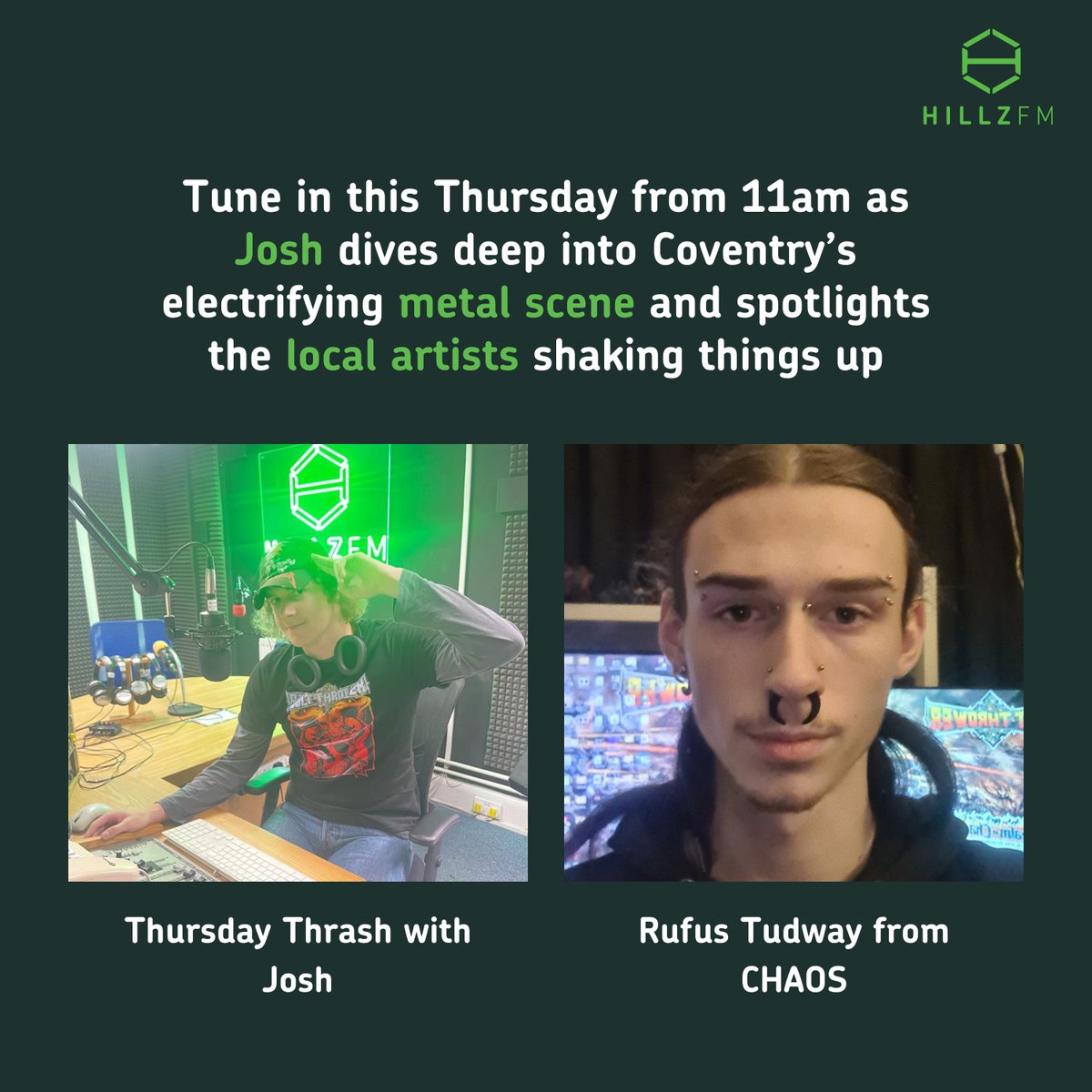 Tune in this Thursday from 11am–12pm as Josh dives into Coventry’s electrifying metal scene on Thursday Thrash! He’s joined by Rufus from local metal band CHAOS, spotlighting the artists shaking up the city. Don’t miss it 🤘🔥
#ThursdayThrash #HillzFM #CoventryMetal