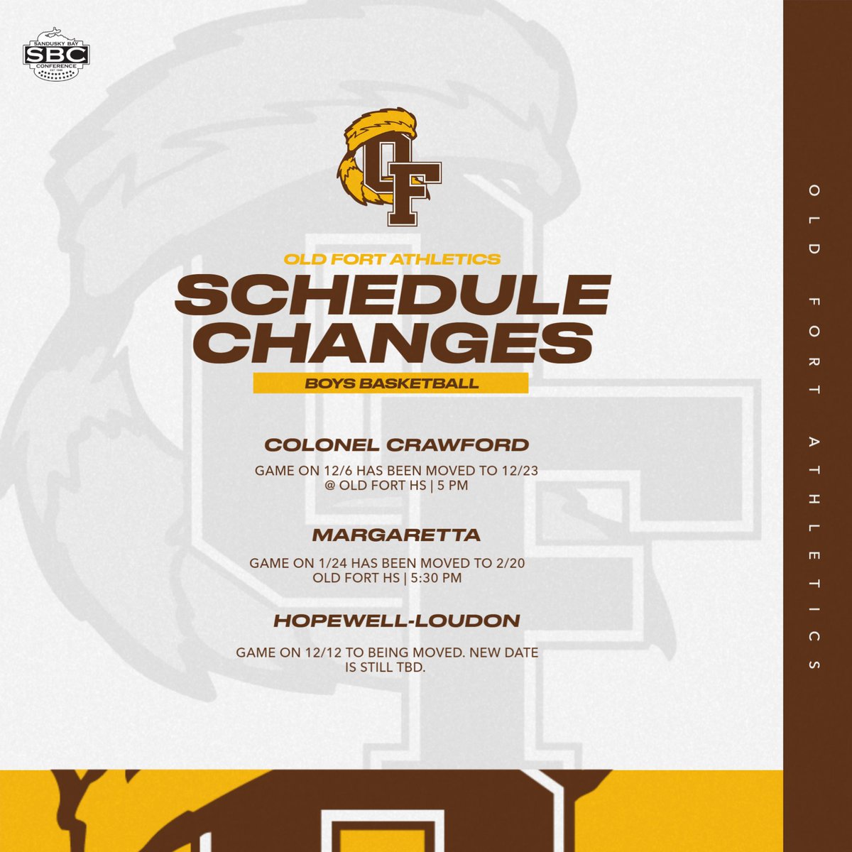 Updated schedule changes. 

-Colonel Crawford on 12/6 has been moved to 12/23 with a 5pm JV start @ Home.
-Margaretta on 1/24 has been moved to 2/20* with a JV start at 5:30pm @ Home.
-Hopewell-Loudon on 12/12 is being moved and new date is still TBD.

#GoKaders