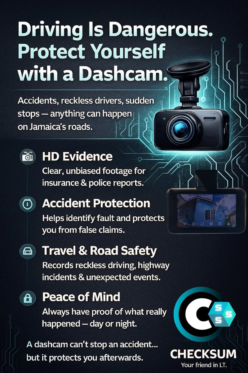 Checksum_Smart's tweet photo. Jamaica’s roads are unpredictable — protect yourself with a dashcam.
In Jamaica, accidents happen fast. A dashcam gives you clear evidence, protects you from false claims, and helps you understand exactly what happened. https://t.co/xLpk9bBmm6