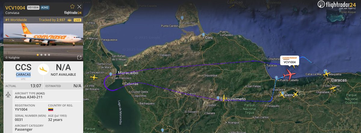 flightradar24's tweet image. #1 Most Tracked flight on Flightradar24 right now is this Conviasa Airbus A340 that currently is stretching its wings above Venezuela.
Track here: flightradar24.com/VCV1004/3d5abc…