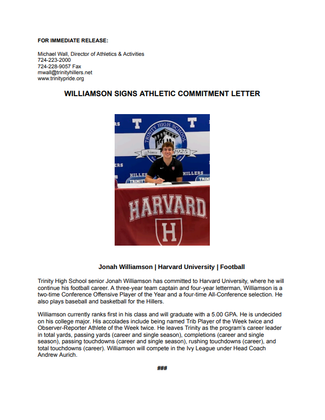 🔵SIGNING DAY⚪️

Senior Jonah Williamson has officially committed to Harvard University to continue his football career!

#itsagreatdaytobeahiller 🔵⚪️