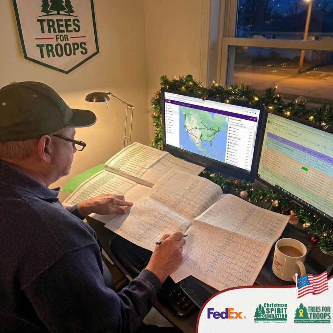 Trees4Troops's tweet image. That is Rick Dungey, our executive director, in spreadsheet mode. 📊🎄

“Pickups started Monday. Base deliveries begin this week. Tracking with FedEx in real time, adjusting as we go. Added base 94, Fort Hamilton, Brooklyn. Aiming for 19,000 trees.” — Rick

#TreesForTroops