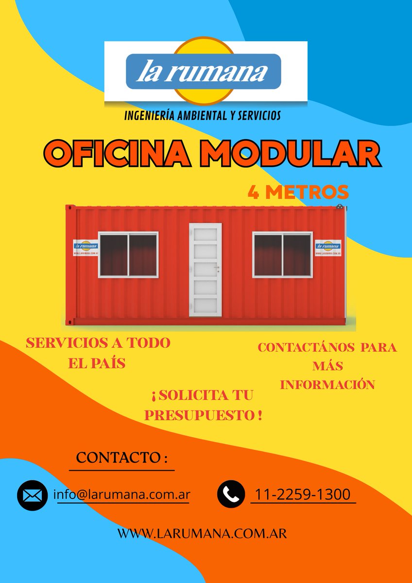 la_rumanasrl's tweet image. OFICINA MODULAR disponibles en todo el país!!

CONTÁCTANOS:
📱11 2259-1300

No te olvides de pasar por nuestra página web para más servicios:
🌐LARUMANA.COM.AR

#alquiler #oficinamodular #módulos #bañosquimicos #larumanasrl #ingenieriaambientalyservicios #servicios…