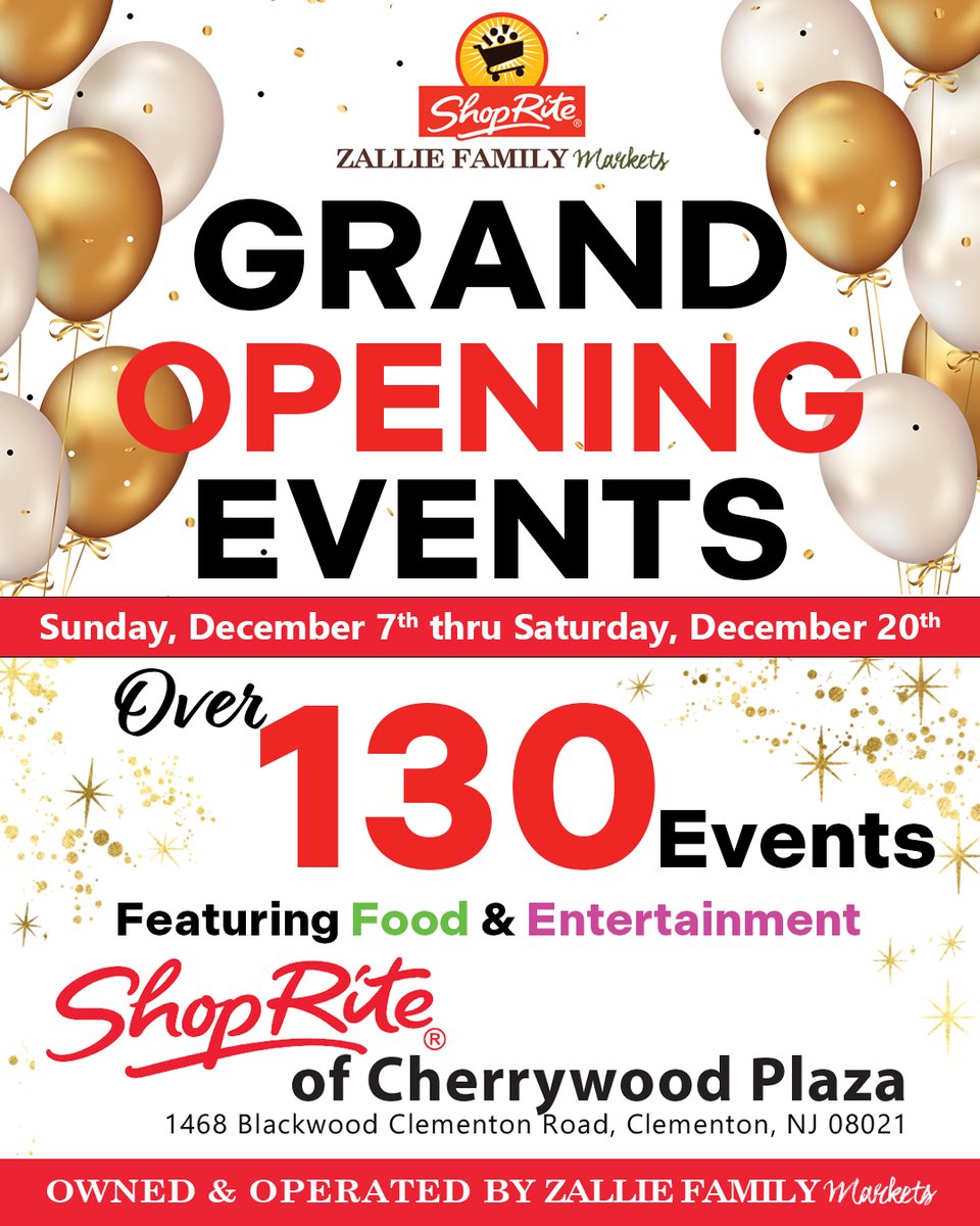 Celebrate the GRAND OPENING of the NEW ShopRite of Cherrywood Plaza with us!

From December 7 thru December 20, we will be hosting an array of fun filled events featuring entertainment, samplings, and sales all week long!

View our Events Calendar: zalliefamilymarkets.com/our-stores/sho…