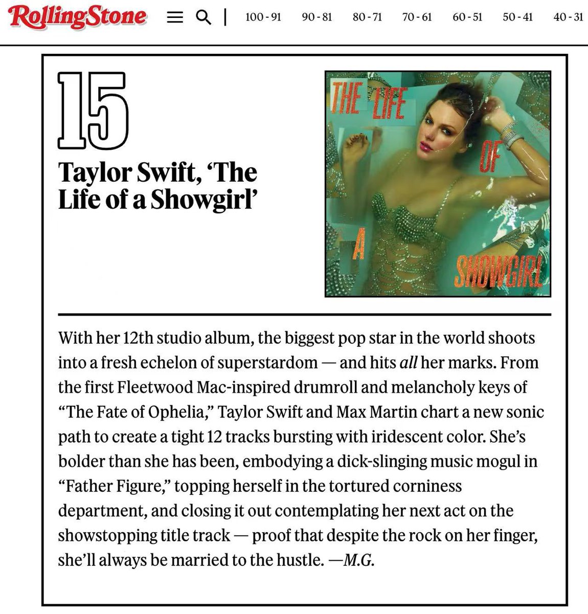 swiftpage13's tweet image. ✍️@RollingStone listed Taylor Swift&apos;s “The Life of a Showgirl” at #15 on their Top 100 album of 2025 year-end list.