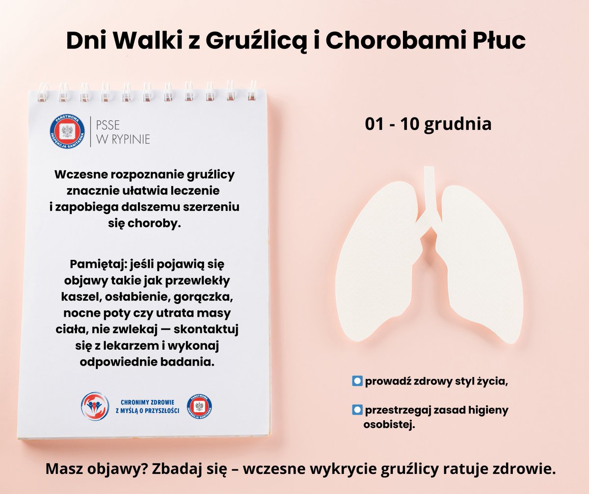 PsseRypin's tweet photo. 1–10 grudnia zwracamy szczególną uwagę na gruźlicę i choroby płuc.
„Masz objawy? Zbadaj się – wczesne wykrycie gruźlicy ratuje zdrowie.”
👉 https://t.co/4UNshPMPUn
#Gruźlica #ChorobyPłuc #Profilaktyka #Zdrowie #Badania #TB #DbajOSiebie #ZdrowePłuca #PSSE #EdukacjaZdrowotna https://t.co/F99iQLOEQB