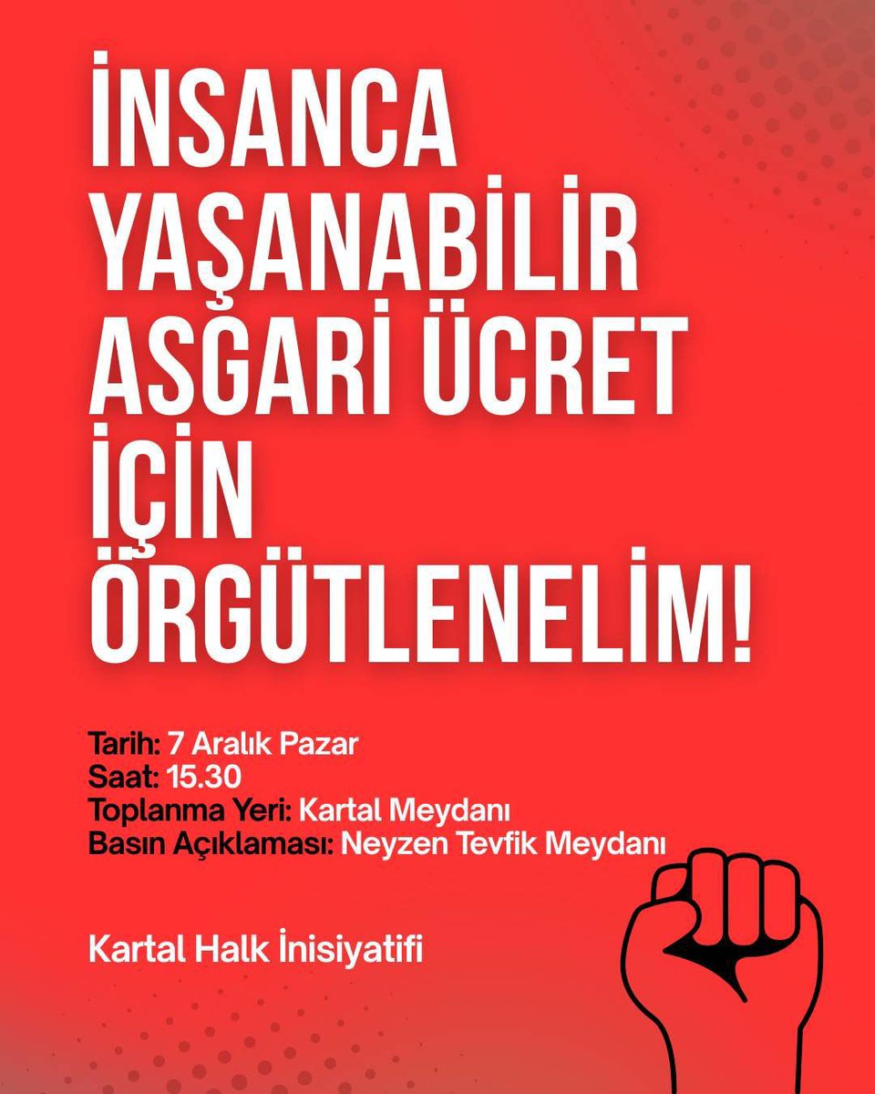 İnsanca Yaşanabilir Asgari Ücret İçin Hep Birlikte Yürüyelim!

🗓 7 Aralık Pazar
⏰️15.30
📍Kartal Meydanı