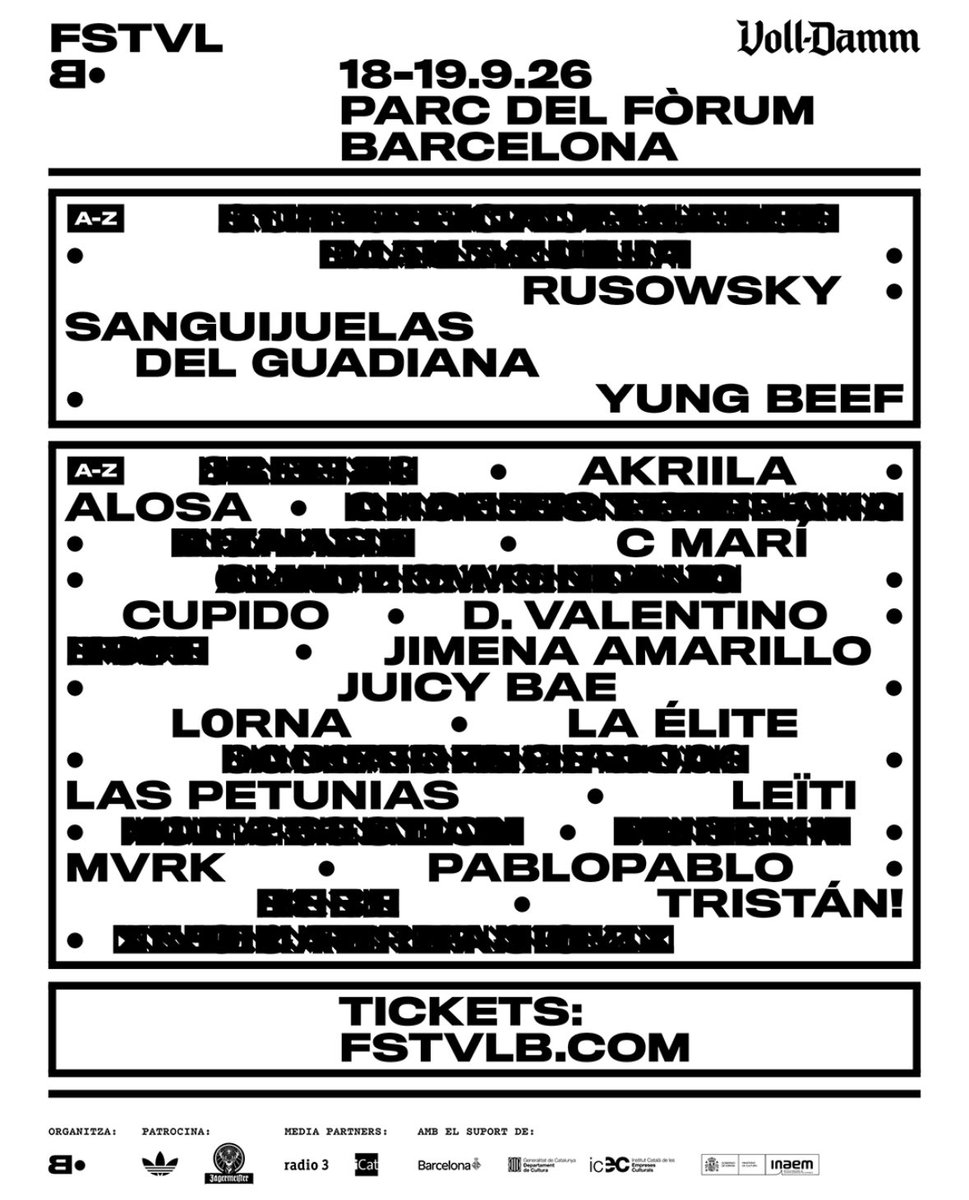 Primeres confirmacions pel Festival•B 2026 👀

18-19.09.2026, Parc del Fòrum, Barcelona

🎟️ Tickets ja disponibles a fstvlb.com