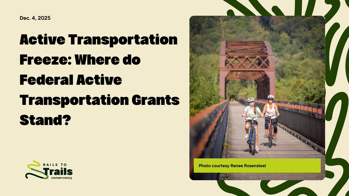 railstotrails's tweet image. 12/4: Join our dialogue: &quot;Active Transportation Freeze: Where do Federal Active Transportation Grants Stand?&quot; We&apos;ll discuss the state of federal grant decisions, what we know, and hear from partners about their experiences.

Register: railstotrails.org/webinars/#upco… 
#AICPcredit