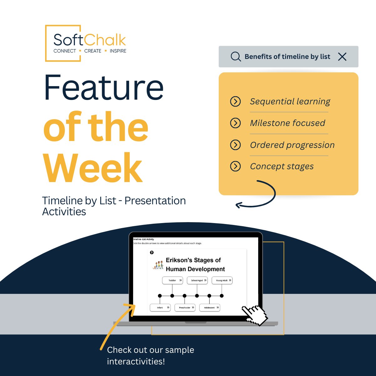 Feature of the Week: Timeline by List ✨

Want to bring order to your lessons? SoftChalk’s Timeline by List presents concepts in sequence, perfect for milestones, stages, or step-by-step progressions.

👉 Explore our sample interactivities here: hubs.ly/Q03WDj000