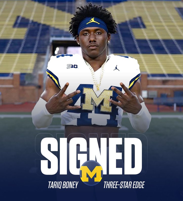uofmcoverage's tweet image. OFFICIAL: 3⭐️ EDGE Tariq Boney has signed with Michigan! 

- 6’1 240 pounds 
- Washington, D.C. 
- Additional offers from Georgia, Penn State, Texas A&amp;amp;M, Tennessee and 25+ others