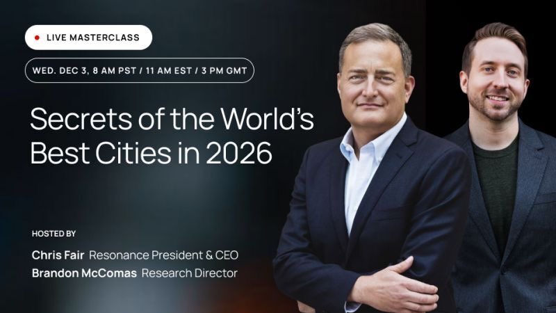🚨 Starting in 90 minutes! The Secrets of the 2026 World's Best Cities masterclass. Join Resonance's Chris Fair and Brandon McComas at 11 a.m. ET. Register now: us06web.zoom.us/webinar/regist…
---
#Cities #DestinationMarketing #PlaceBranding #PlaceMarketing #BestCities