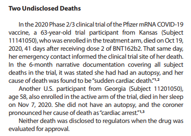 politicalmath's tweet photo. I'm sorry... what? There were two undisclosed deaths in the Pfizer Covid vaccine trial? Both were vaccine deaths (not placebo)? https://t.co/D4tMJLT35p