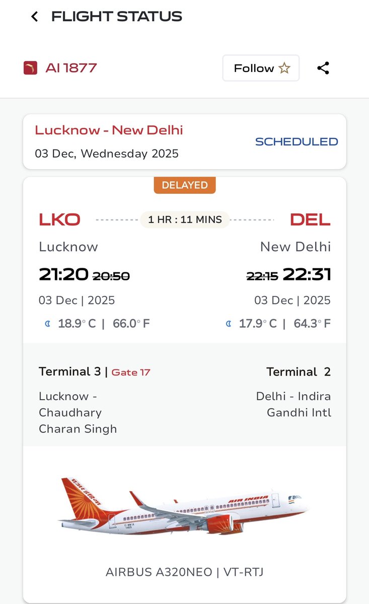 sepulcher's tweet photo. Dear @airindia 

Can you please clearly communicate what is the real delay on this flight AI 1877 - From Lucknow to Delhi.

Will it actually take off at 21:20. Will there be further delays. Or will it be cancelled.

We can plan our life accoridngly.

#AirIndia https://t.co/AGQofIiRaH