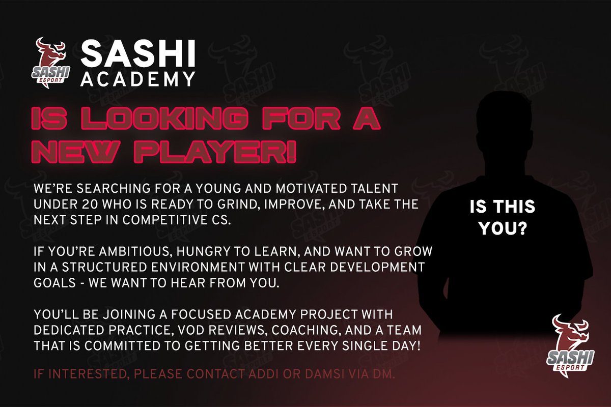 Sashi_Esport's tweet image. Sashi Academy is looking for a new player!

We’re searching for a young and motivated talent under 20 who is ready to grind, improve, and take the next step in competitive CS.

If you’re ambitious, hungry to learn, and want to grow in a structured environment with clear…