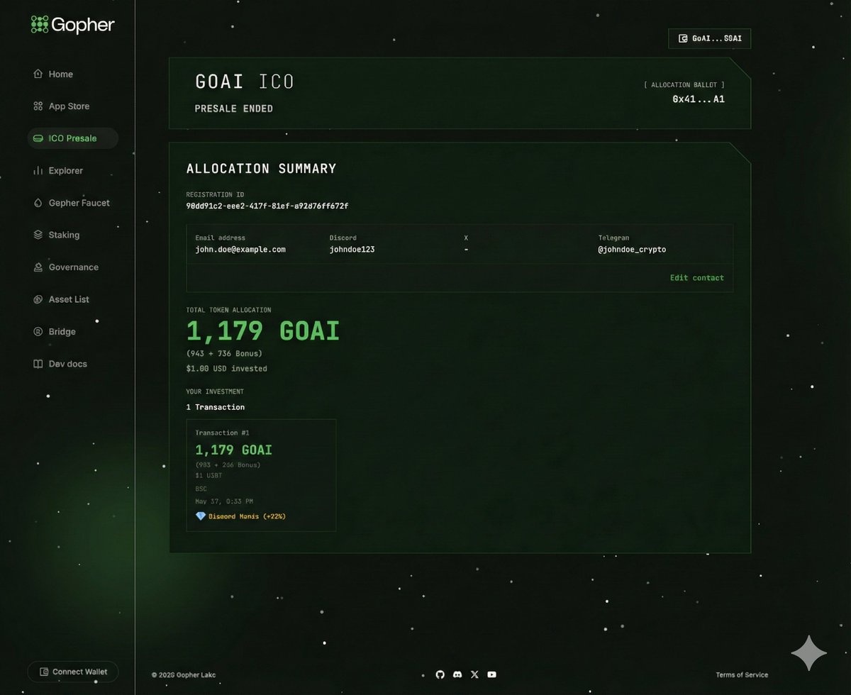 gopher_ai's tweet image. GOAI Presale Allocation ✨

If you joined the Gopher Presale ICO - you can now check your $GOAI allocation and bonus. 

💎Sign-in to see your tokens!
▶️hub.gopher-ai.com/ico-presale