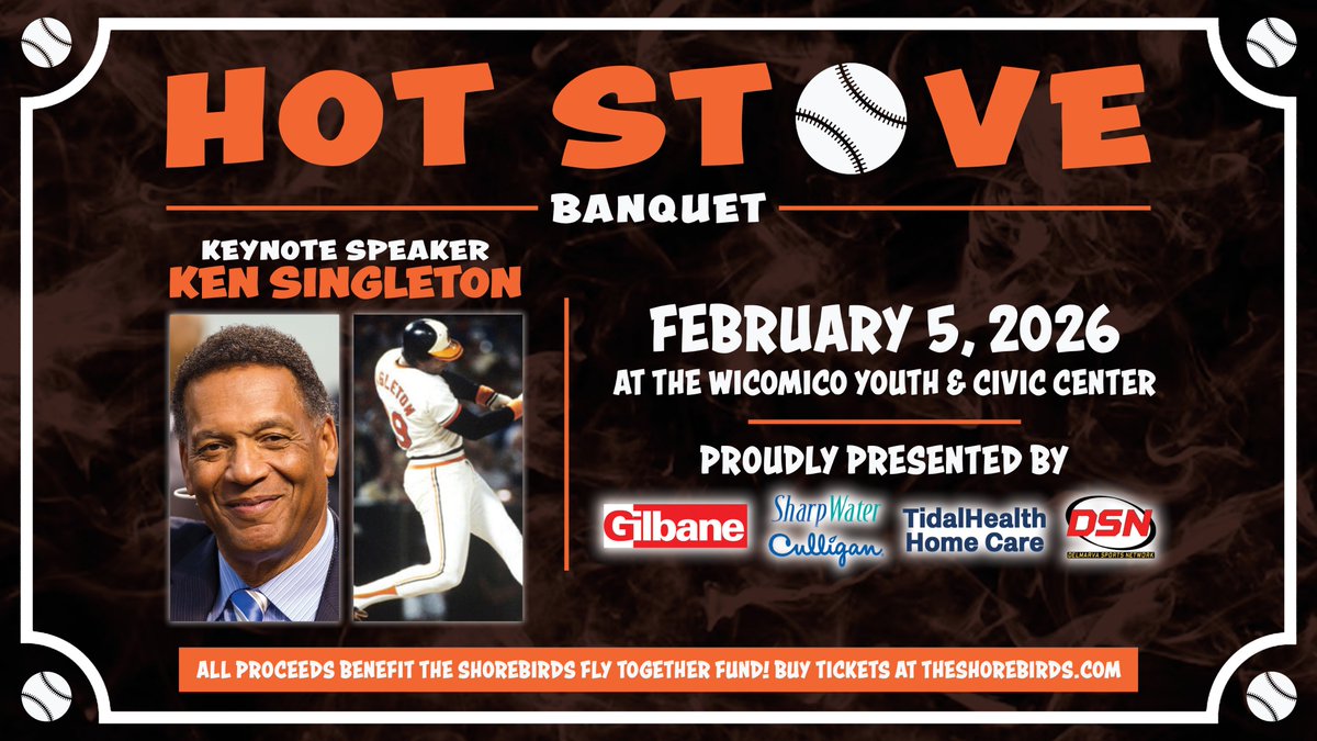 The Delmarva Shorebirds are excited to announce that Baltimore Orioles Hall of Famer Ken Singleton will highlight 2026 Shorebirds Hot Stove Banquet! Learn more and buy tickets 👇

Learn more 👉 bit.ly/48hr5bw

#FlyTogether | #Birdland