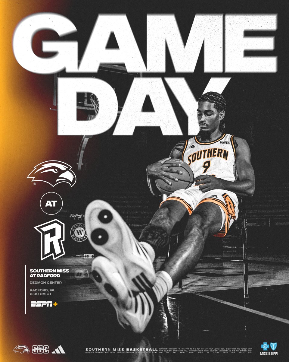 Game Day in the New River City 🤘

🆚 » at Radford
📍 » Dedmon Center
⏰ » 6 PM CT
📺 » ESPN+
ℹ️ » linktr.ee/southernmissmbb