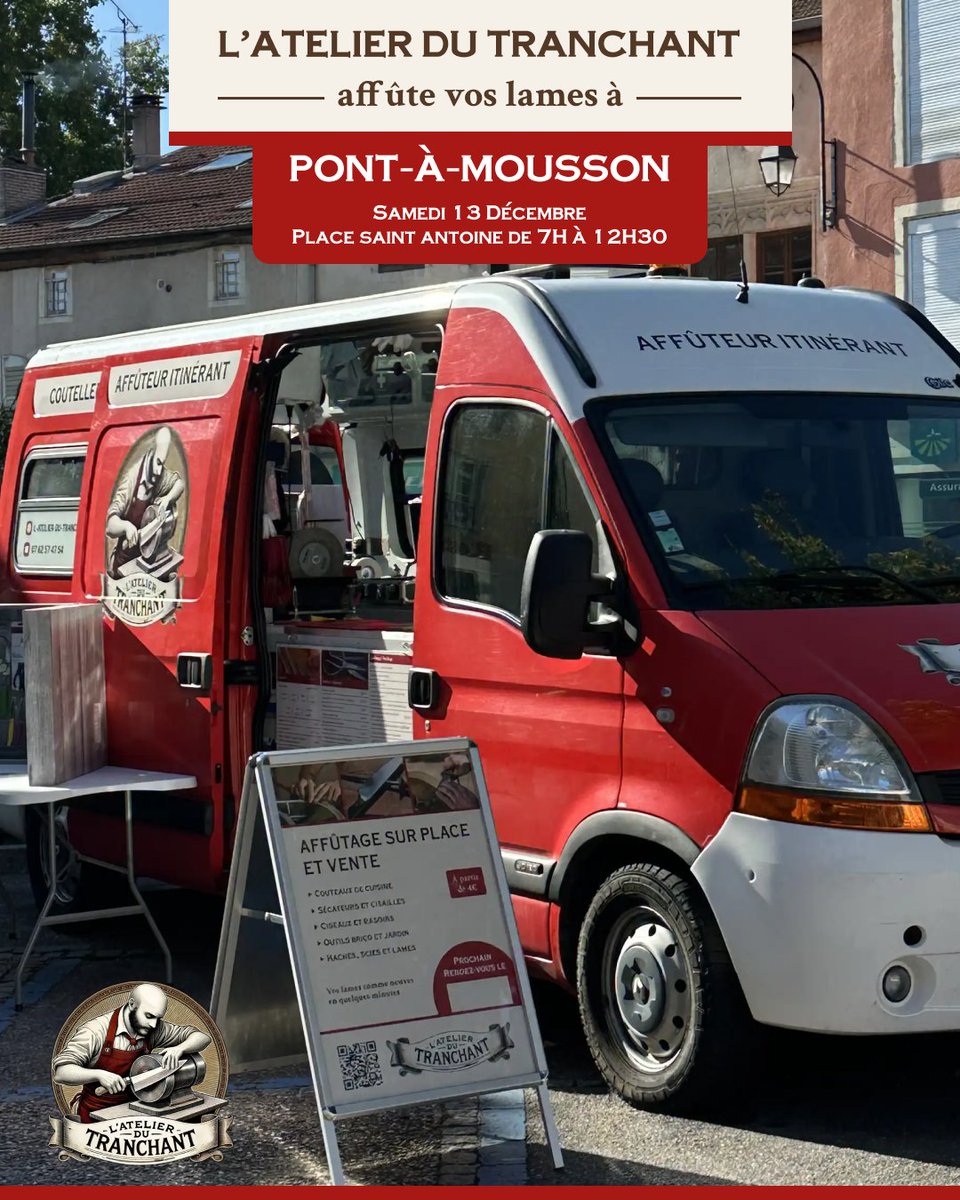 AtelierTranch's tweet image. 🔪 Pont-à-Mousson, j’arrive samedi !
Affûtage sur place au marché — Place Saint Antoine
📅 13 décembre 2025 | ⏰ 7h00–12h30

Couteaux, ciseaux, sécateurs, outils pro : je redonne du mordant !

✨ À samedi prochain !

#Affutage #Affuteur #PontAMousson #ArtisanLocal