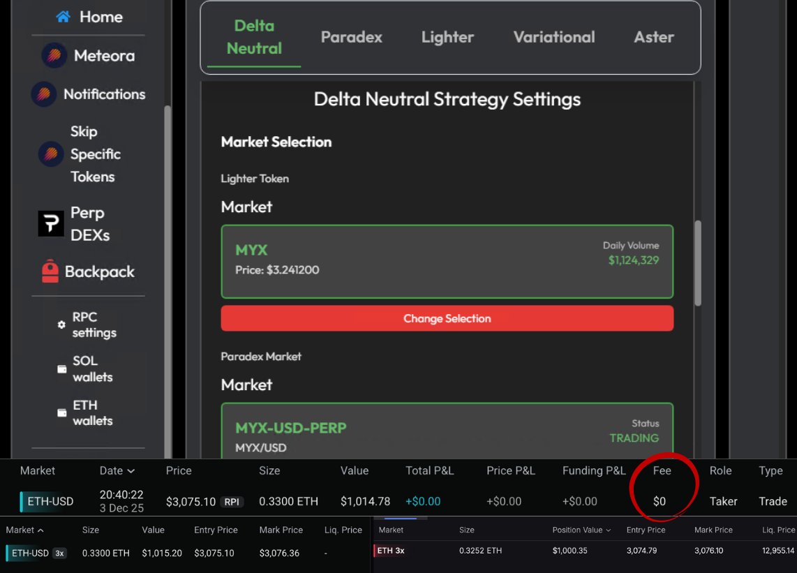 SOL_Decoder's tweet image. The long awaited 2-in-1 delta neutral farmer for @Paradex &amp;amp; @Lighter_xyz is HERE 🥳  

Can&apos;t get any better than this, does it?
Well IT DOES! 👊  

Say hello to 0 fee API trading on Paradex with our latest update. 0 fees + Fully automated experience ✨
Find it in our farmer beta…