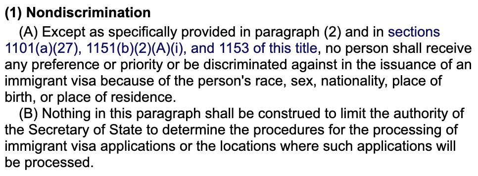 David_J_Bier's tweet image. Since 1965, the law has banned national origin discrimination in visa processing. Congress debated the issue for 4 decades and ignored security-based arguments for discrimination. The administration thinks it is above the law.