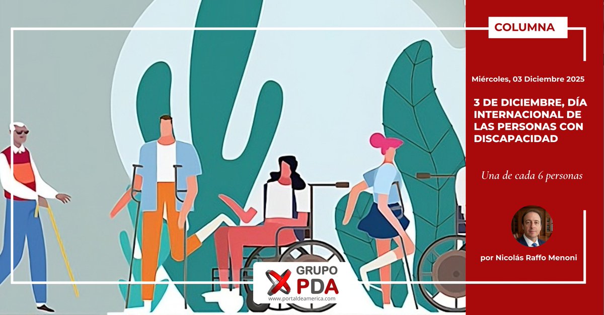 3 de diciembre, Día Internacional de las personas con discapacidad

Una de cada 6 personas en el mundo convive con algún tipo de discapacidad, que en muchos casos no es perceptible a simple vista.
🖊 <a href="/nicoraffo74/">Nicolás Raffo</a>  
👇Más información en:
portaldeamerica.com/index.php/pda/…