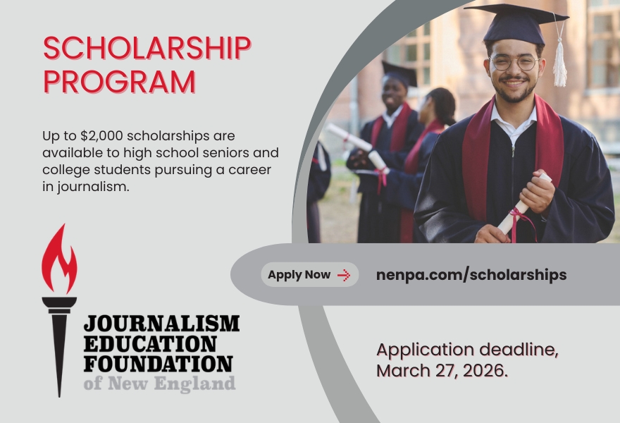 NEHSJC1's tweet photo. Attention NEHSJC program alumni and supporters. Applications are being accepted for the 2026 New England Journalism Scholarships, which offer scholarships of up to $2,000 to outstanding high school seniors &amp; college students across the region. Learn more: https://t.co/mjhFpGwKXq https://t.co/0ls8tZ8OaC