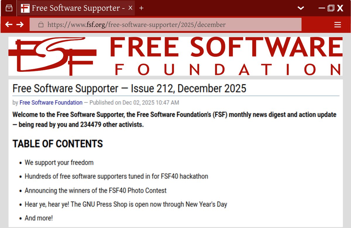 fsf's tweet image. Issue 212 of the #FreeSoftwareSupporter is here! Catch up on November #FreeSoftware #news here: u.fsf.org/49l #FSF