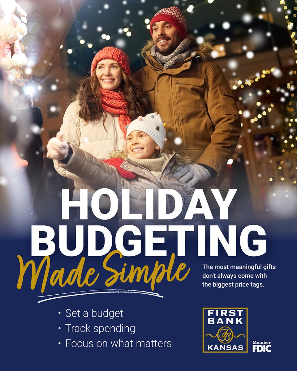 FirstBankKansas's tweet image. The holidays don't have to break the bank. Set a budget before you shop, track your spending as you go, and remember—the most meaningful gifts don't always come with the biggest price tags.🎁

#HolidayBudgeting #FinancialWellness