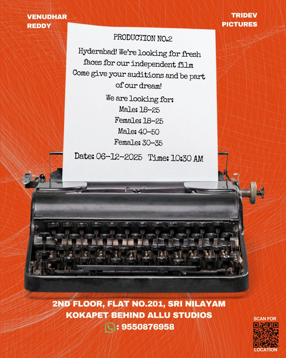 BeyondFramesInX's tweet photo. Tridev pictures production no 2 is looking for fresh faces for there independent film 

Hyd people gooo for it...
Opportunity awaits !! 🤞🏻❤️ https://t.co/vzZHAcy7FT