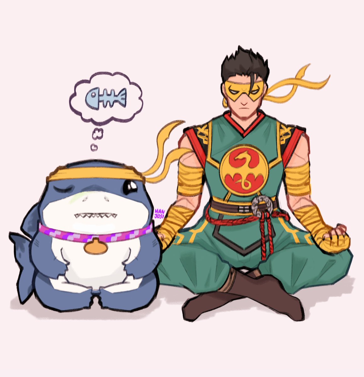 hanjosi's tweet image. day 8 of my Draw Jeff December challenge!🦈

got requested a ironfist meditating with jeff, so here it is :) &amp;lt;3 happy monday! i really like how iron fist turned out here! #MarvelRivals