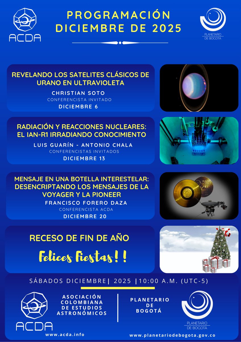 Presencial
PLANETARIO DE BOGOTA
AUDITORIO - ENTRADA LIBRE

Transmitido en directo
PLATAFORMAS VIRTUALES ACDA

YouTube
youtube.com/channel/UC-b4e…

Facebook live
facebook.com/ACDA-103185229…

Twitch
twitch.tv/acda_col/sched…...

facebook.com/share/p/1Jcdoj…