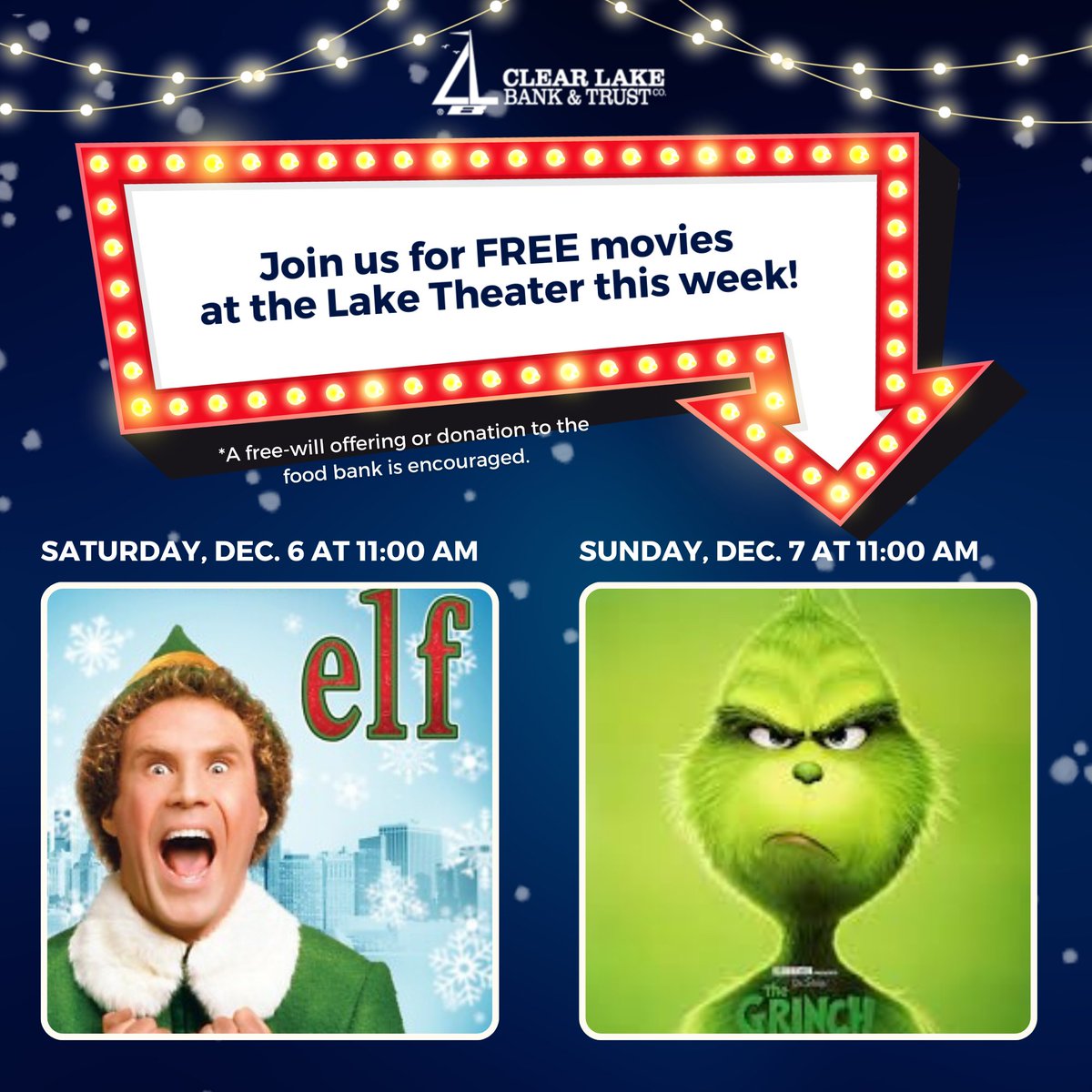 We are excited to sponsor two FREE movies at the Lake Theater this week! Join us Saturday for a showing of Elf, or Sunday for The Grinch. A free-will offering or donation of a non-perishable item to the food bank is encouraged for admission. See you there!
