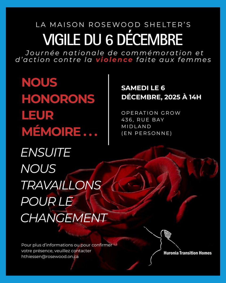 La Maison Rosewood Shelter invite la communauté à participer le 6 décembre à la Journée nationale de commémoration et d’action contre la violence faite aux femmes. 

Pour plus d’informations :
📧 hthlessing@rosewood.on.ca
📞 705-737-2884 poste 2230