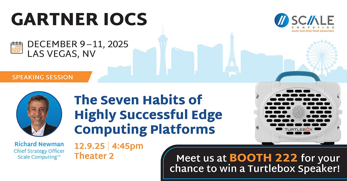 ScaleComputing's tweet image. Meet us at Gartner IOCS 12/9–11, Booth 222, &amp;amp; see how we’re helping orgs simplify infrastructure, improve resilience &amp;amp; scale with edge computing. Catch our presentation on 7 Habits of Highly Successful Edge Computing Platforms, 12/9 at 4:45PM in Theater 2!
gartner.com/en/conferences…