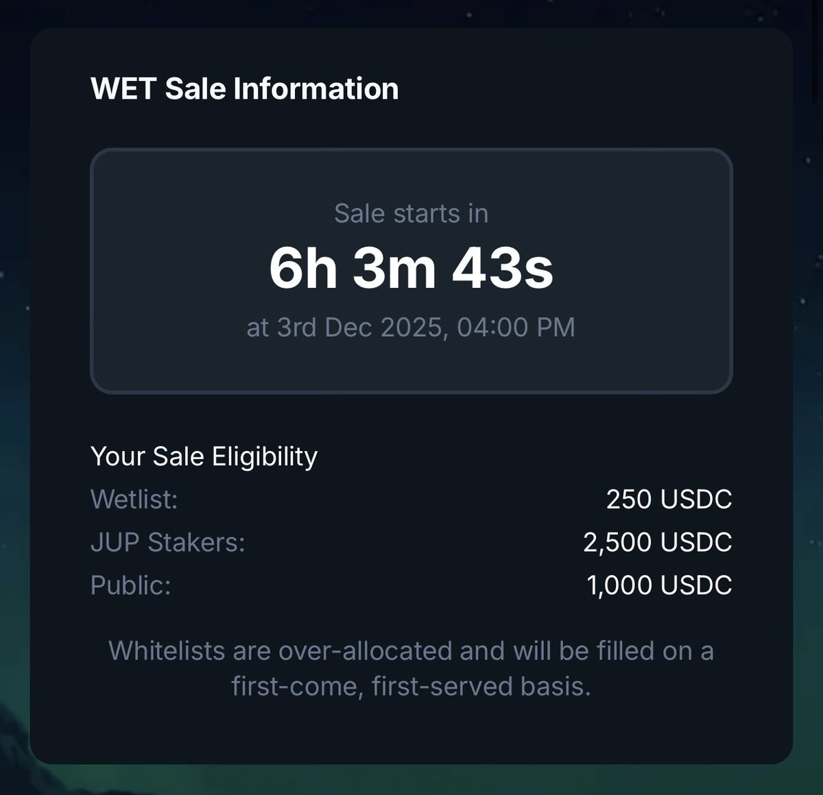 Humidifi WET 销售信息：倒计时至东部时间 16:00，白名单、JUP 质押者和公开售卖的资格分层
