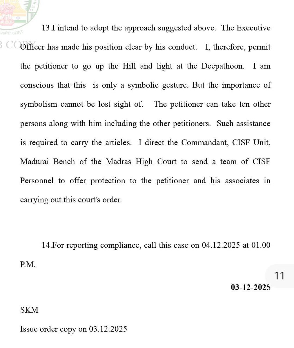 arvindgunasekar's tweet image. Judge GR Swaminathan directed petitioner to take “ten other persons along with him including the other petitioners” to go up the hill and light the lamps but the visuals from Tiruparankundram clearly shows there were more than 10 people resulting in law and order situation in a…