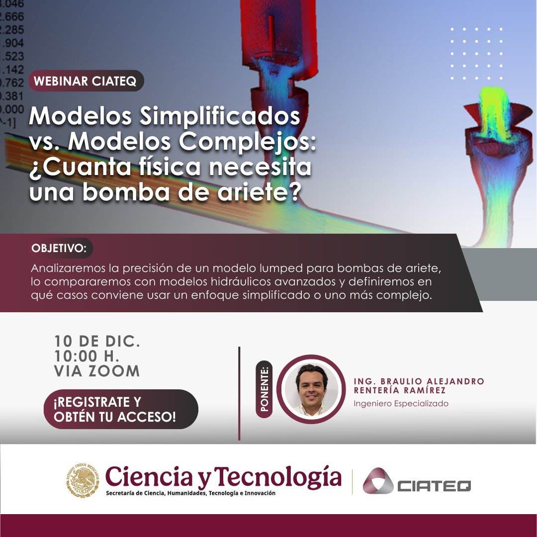 🔍 ¿Cuánta física necesita una bomba de ariete? Únete a nuestro webinar sobre modelos simplificados vs. complejos con el Ing. Braulio Rentería.
🗓 10 dic · 10 AM · Zoom
🎟 Sin costo.  👉Regístrate. bit.ly/4phLSSg